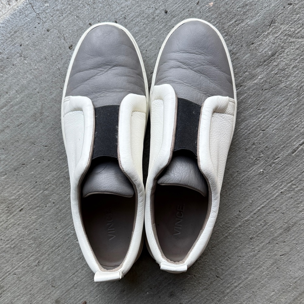 Vince Gray and White Slip-On Sneakers